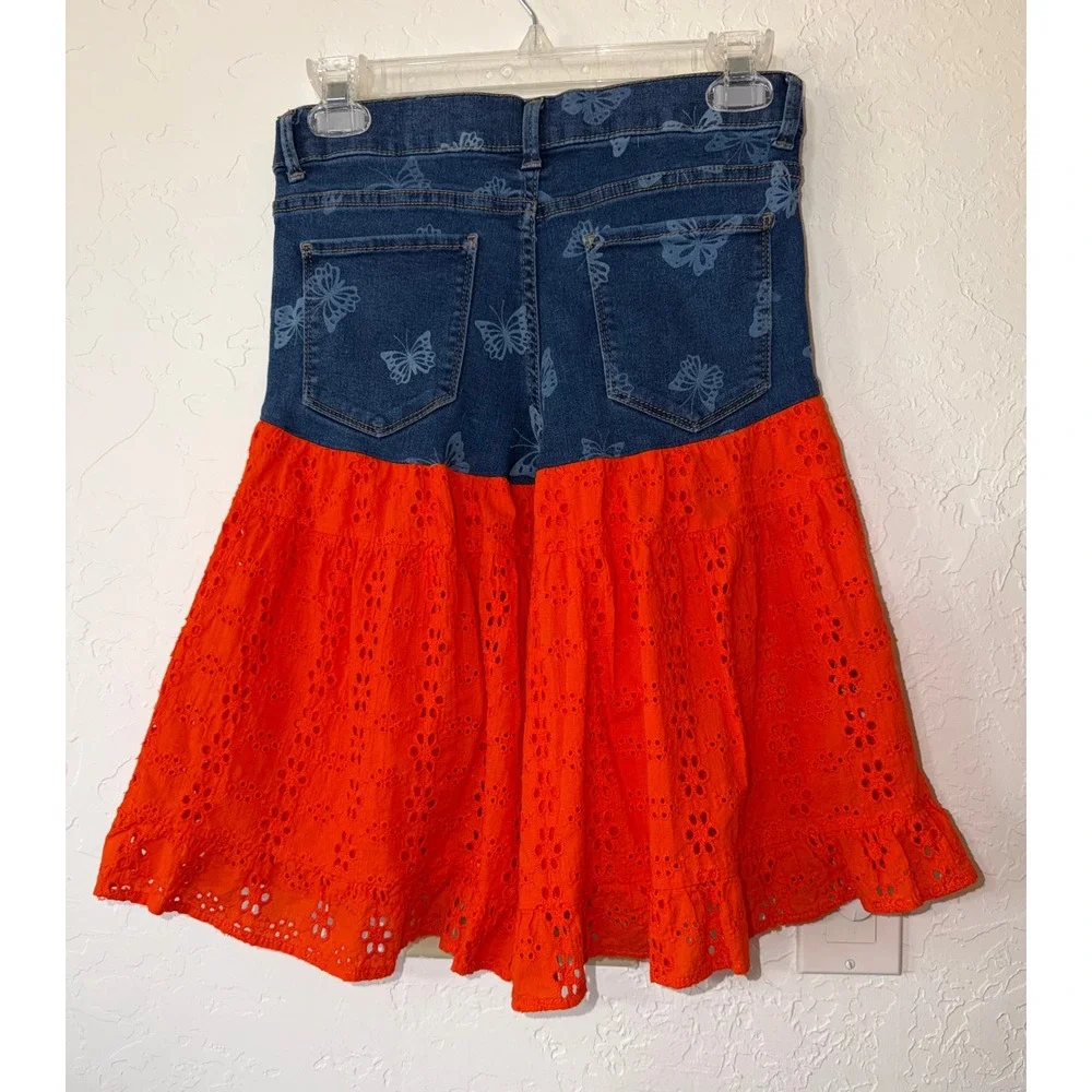 Girls Upcycled Butterfly Denim Eyelet Tiered Ruffle Skirt Size L 10-12 Plus Boho